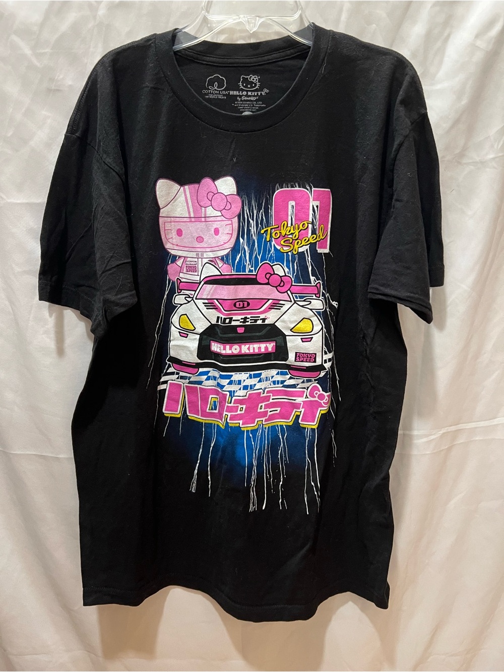 Hello Kitty Black Tee with Pink & White Racing Graphic
